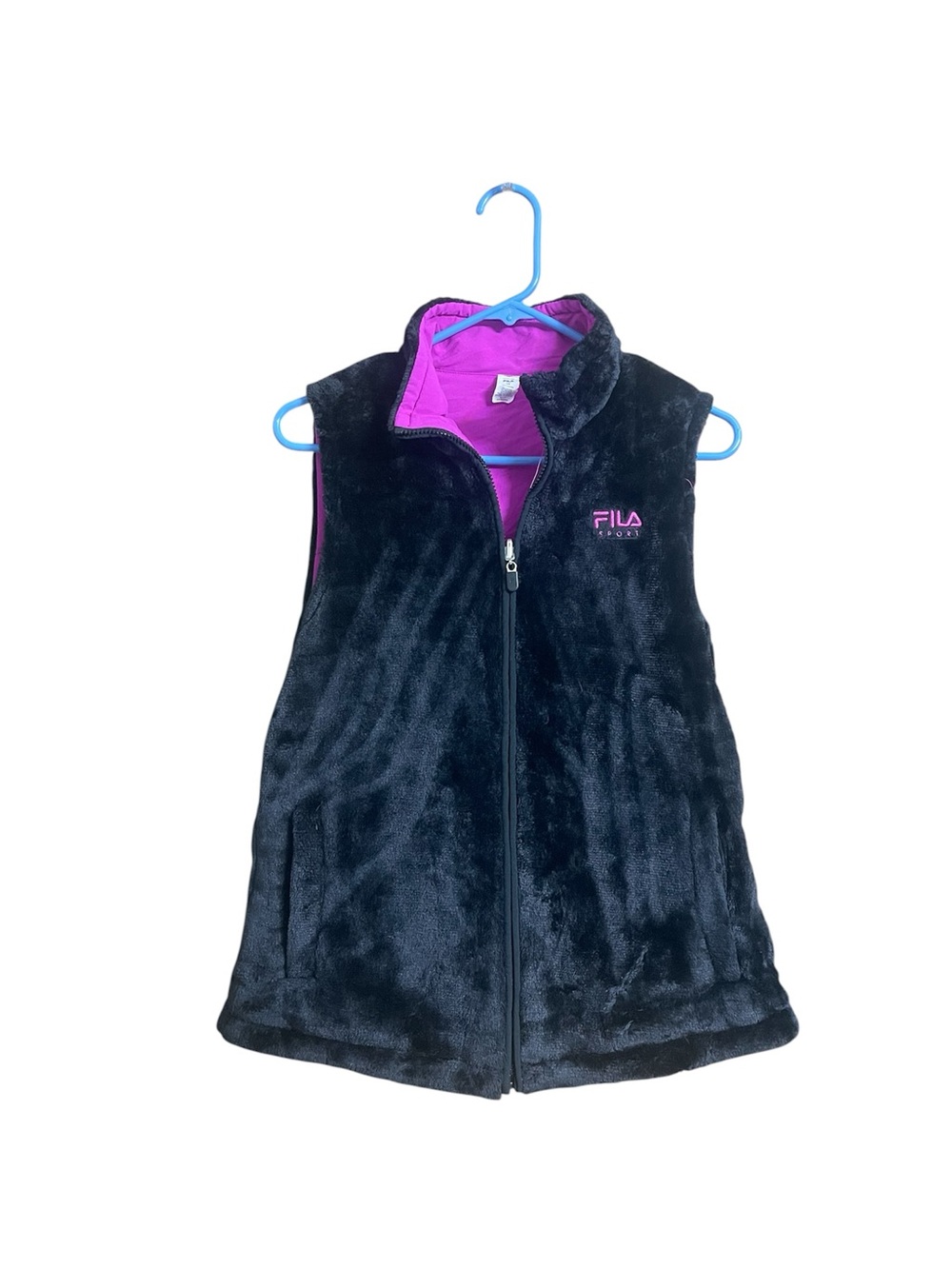 FILA Black Faux Fur reversible Zip Vest with Pink Lining